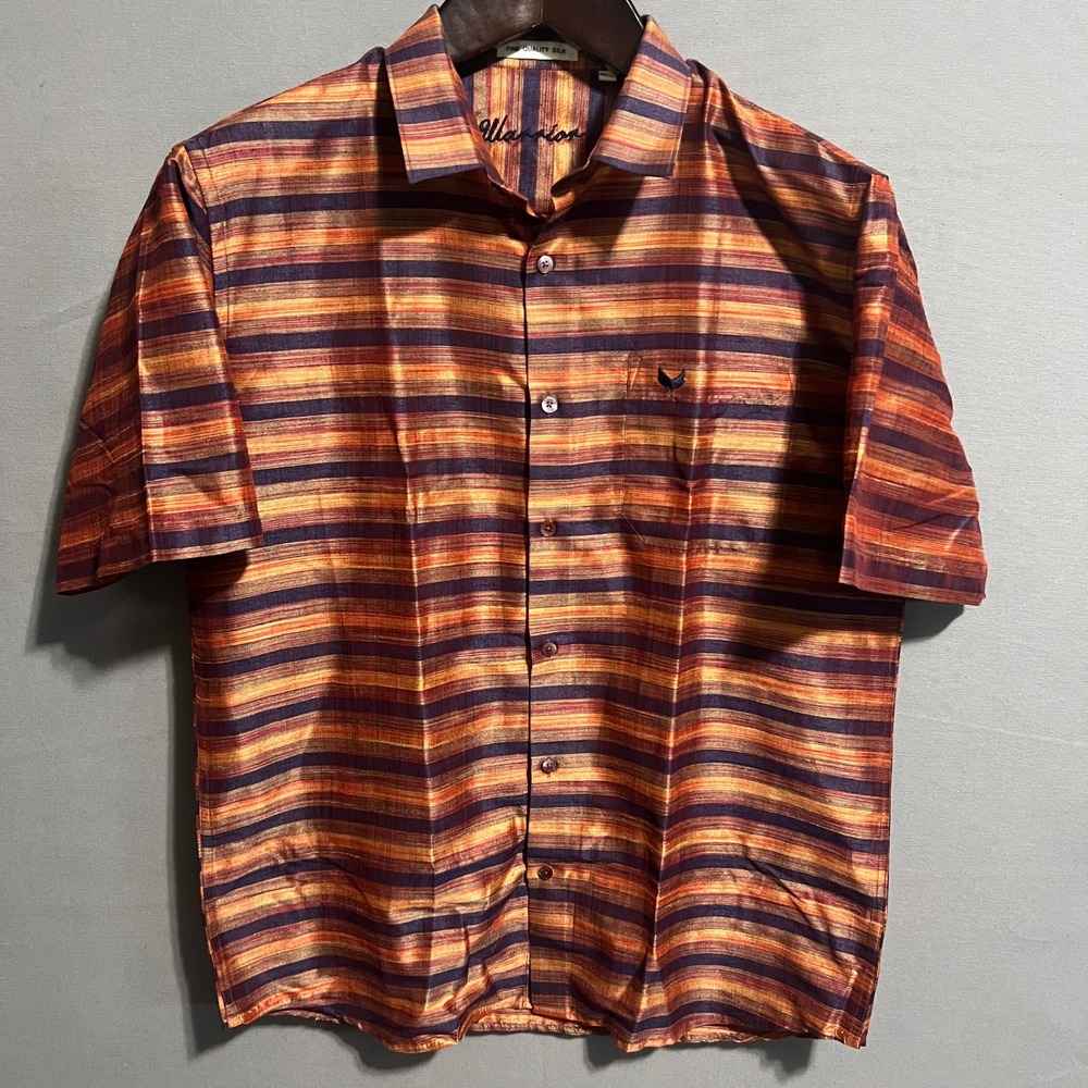 Warrior Mens Large Silk Short Sleeve Button Down Shirt Striped Orange Purple L